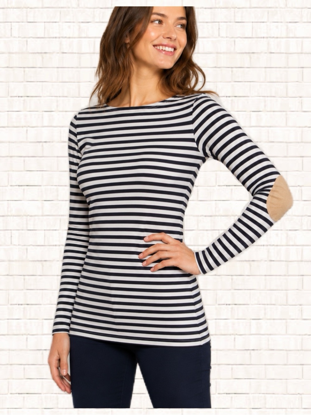 Striped Tee • h.i.p. navy blue long sleeve suede elbow patch Jrs Small EUC OBO